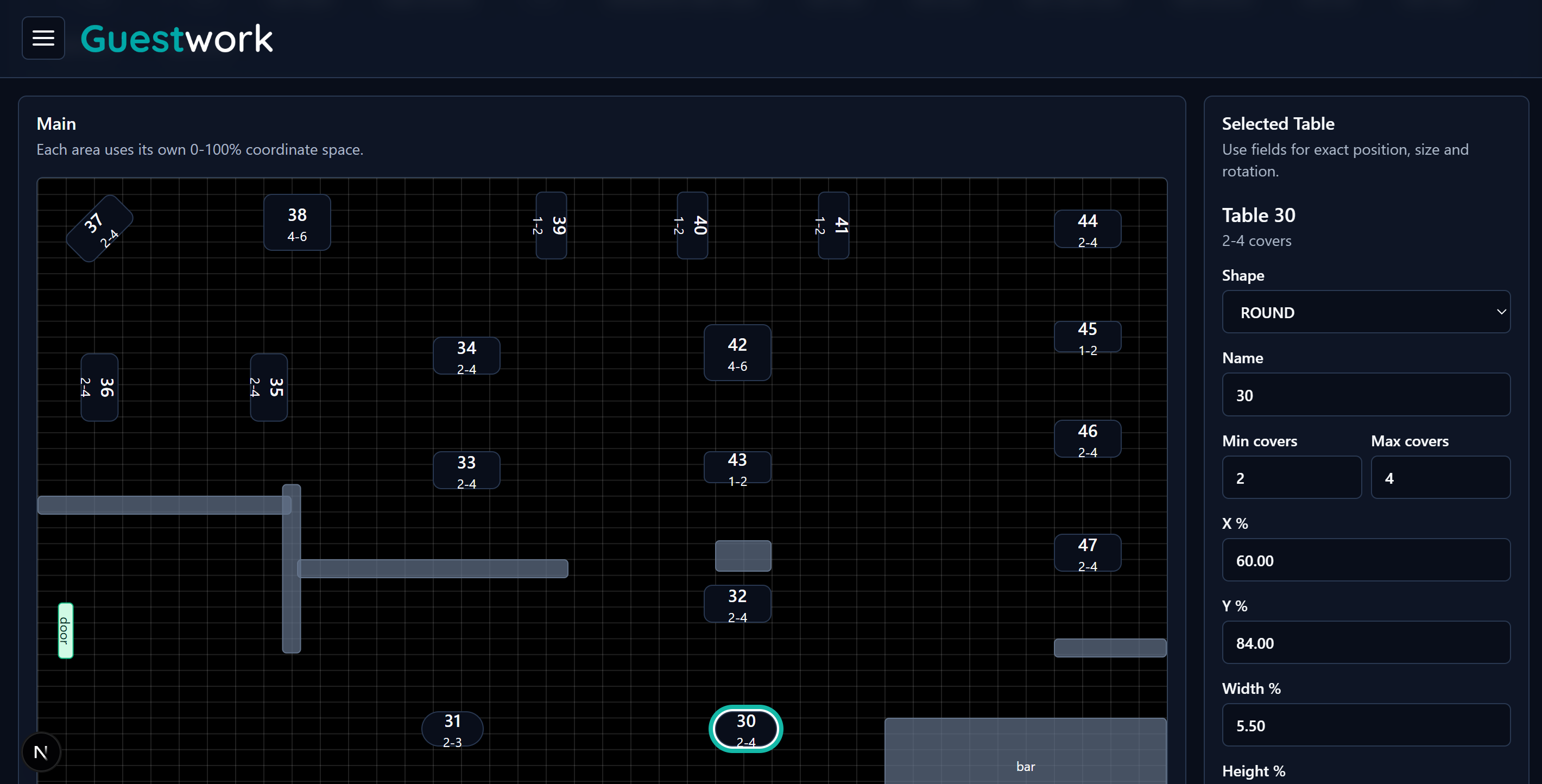 Guestwork floorplan editor with grid, table positions, and selected table controls
