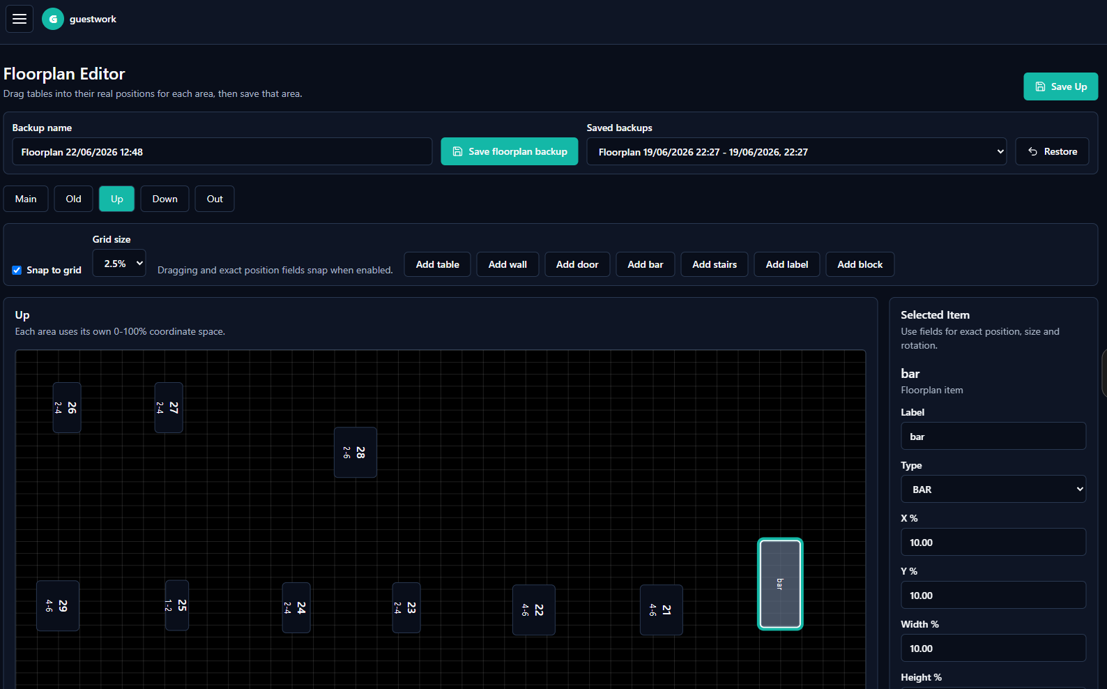 Guestwork floorplan editor with drag controls and selected item settings