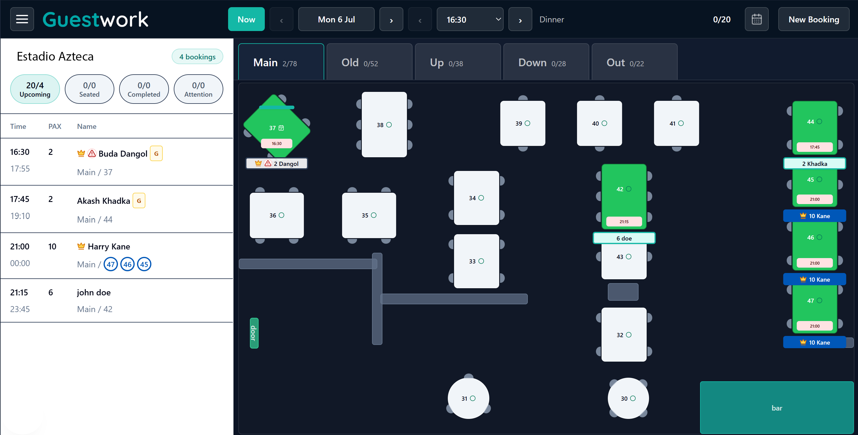 Guestwork floorplan and booking list interface