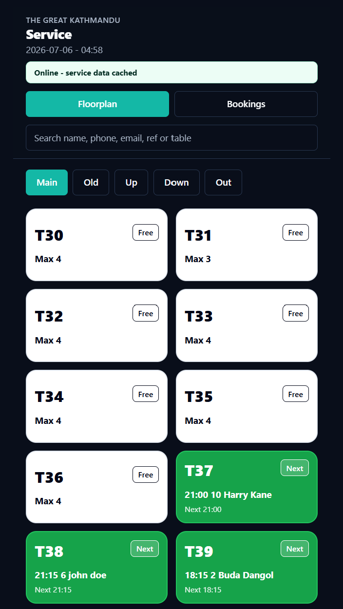 Guestwork mobile service view showing floorplan rooms, table cards, and booking search