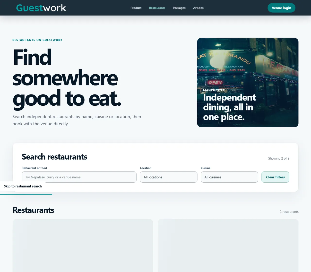 Guestwork restaurant directory shown on a desktop browser